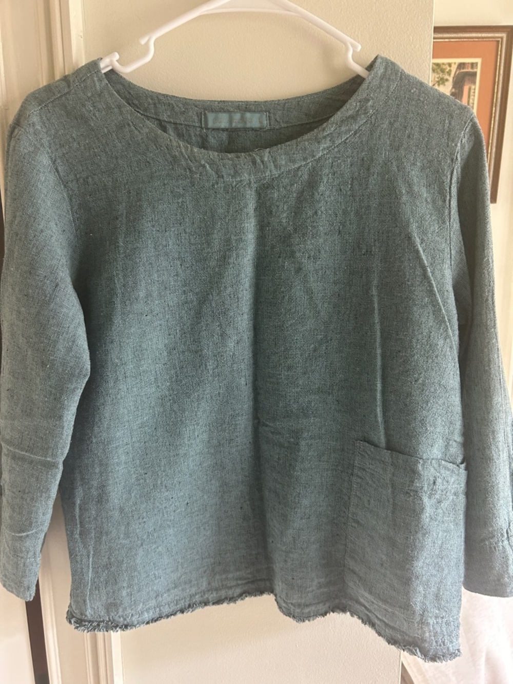 Casual Washed Teal Linen Top with Pocket